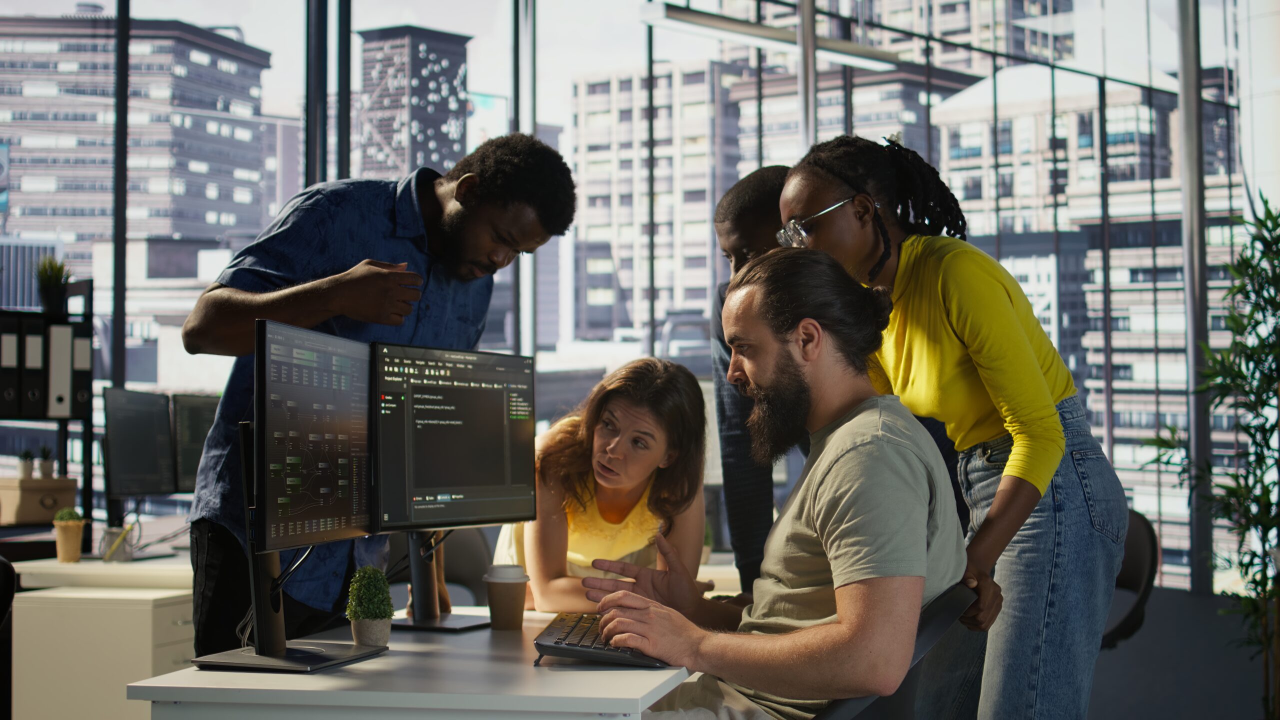 A team of software developers collaborating on a project plan.