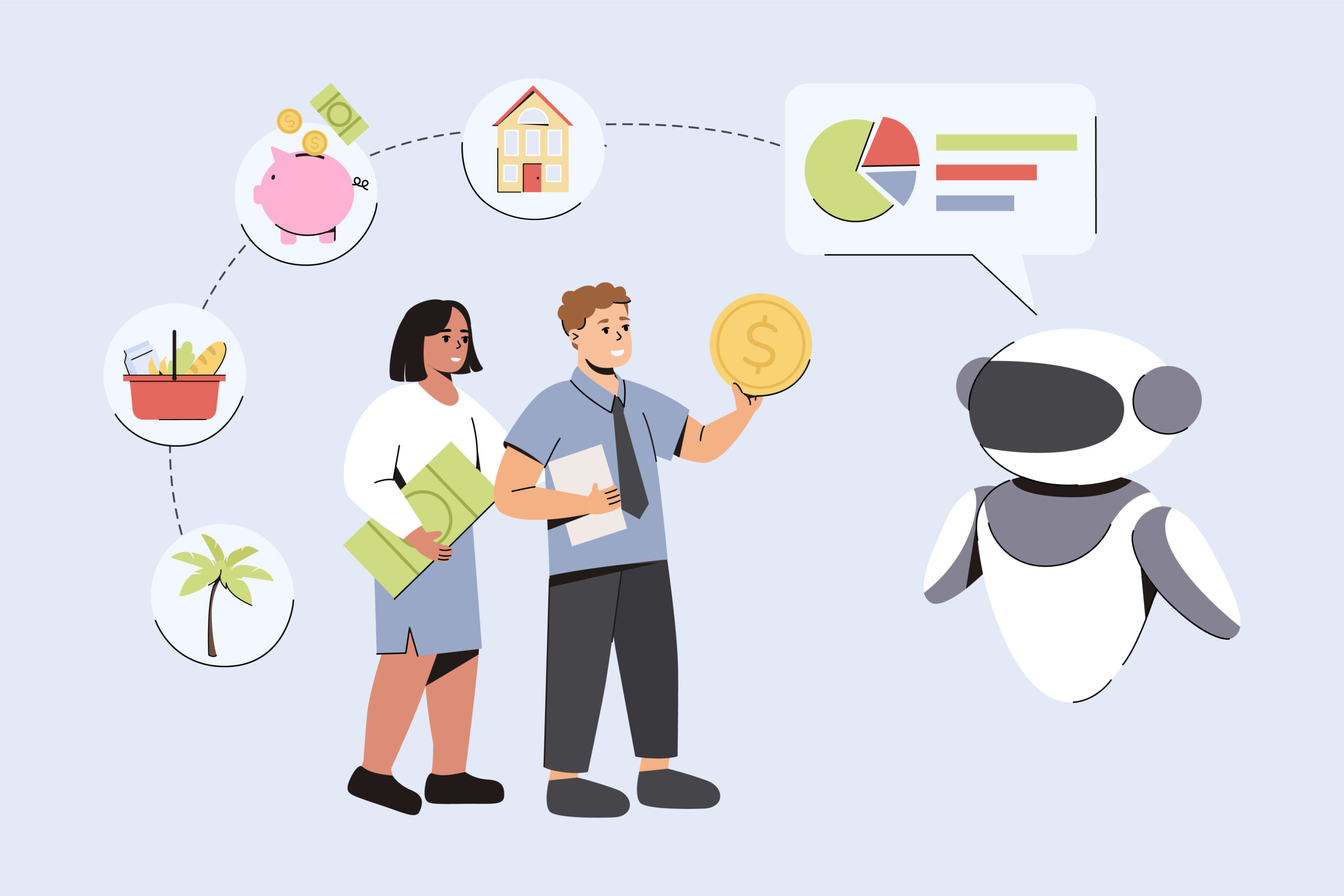 Illustration of professionals interacting with AI technology while discussing finance, savings, investments, and data analytics in an AI-driven economy.